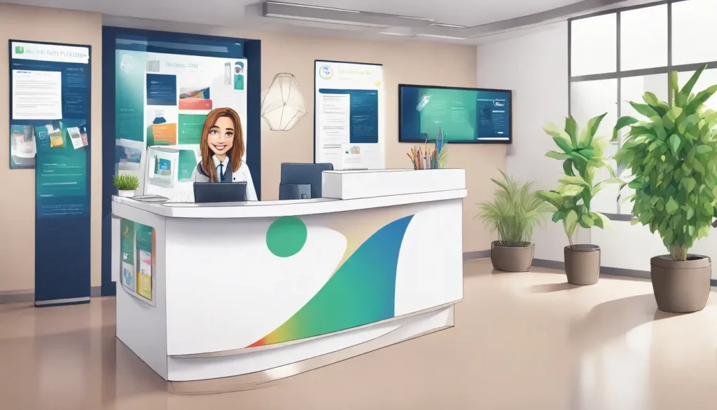 Recepção de clínica odontológica moderna com recepcionista, tablet mostrando gráfico de funil e folhetos coloridos sobre estratégias de marketing.