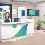 Recepção de clínica odontológica moderna com recepcionista, tablet mostrando gráfico de funil e folhetos coloridos sobre estratégias de marketing.