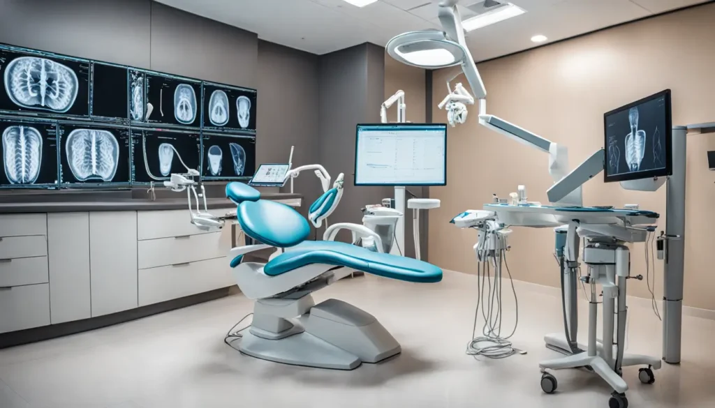 Um consultório odontológica com uma secretária estilo Inteligencia aritifical em pé como se fosse uma equipe de experts de MKT digital representando IAs simulando múltiplos funcionários