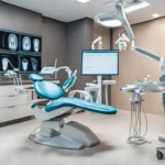 Um consultório odontológica com uma secretária estilo Inteligencia aritifical em pé como se fosse uma equipe de experts de MKT digital representando IAs simulando múltiplos funcionários