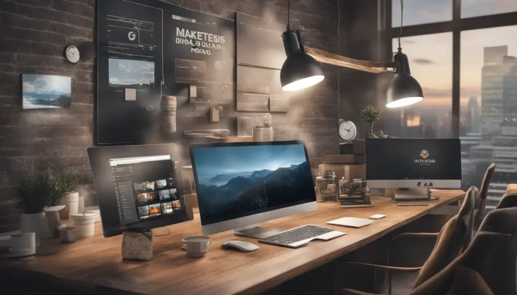 Profissionais de saúde analisando estatísticas de marketing digital em um computador moderno, em um ambiente de clínica iluminado e organizado.