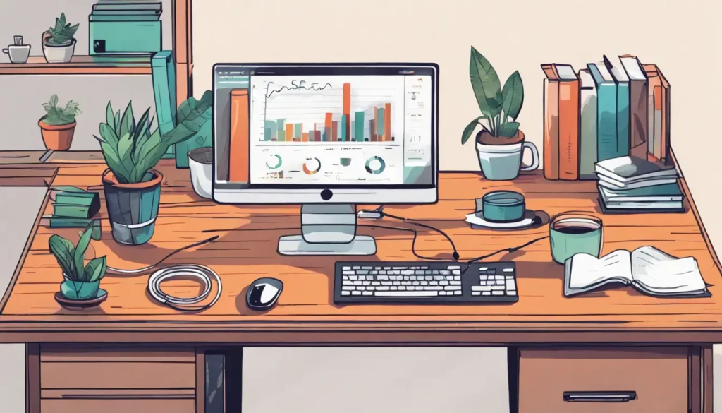 Escritório moderno com computador mostrando gráficos de marketing digital, livros de SEO, café e planta decorativa.