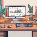 Escritório moderno com computador mostrando gráficos de marketing digital, livros de SEO, café e planta decorativa.